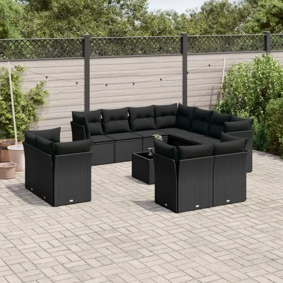 vidaXL 12-delssofasæt med hynder i polyrattan sort