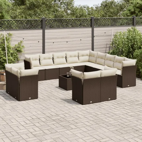 vidaXL 14-delssofasæt med hynder i polyrattan brun