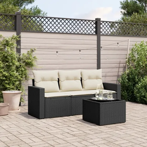 vidaXL 4-deles sofasæt med hynder i polyrattan, sort