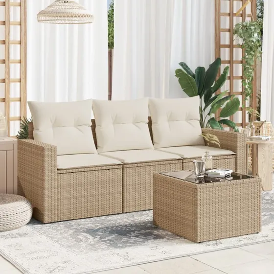 vidaXL 4-deles sofasæt med hynder i polyrattan, beige