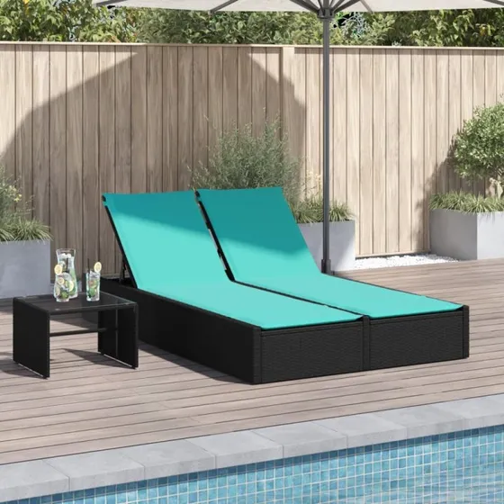 vidaXL Dobbelt liggestol med hynder, sort polyrattan