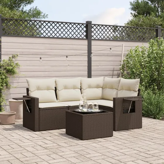 vidaXL 5-delssofasæt med hynder i polyrattan brun