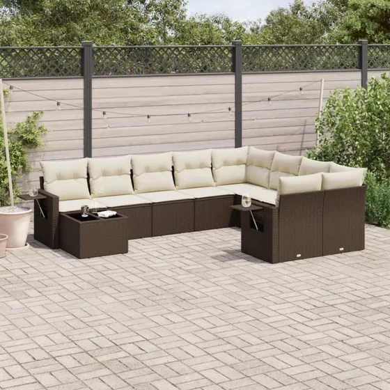 vidaXL 10-delssofasæt med hynder i polyrattan brun