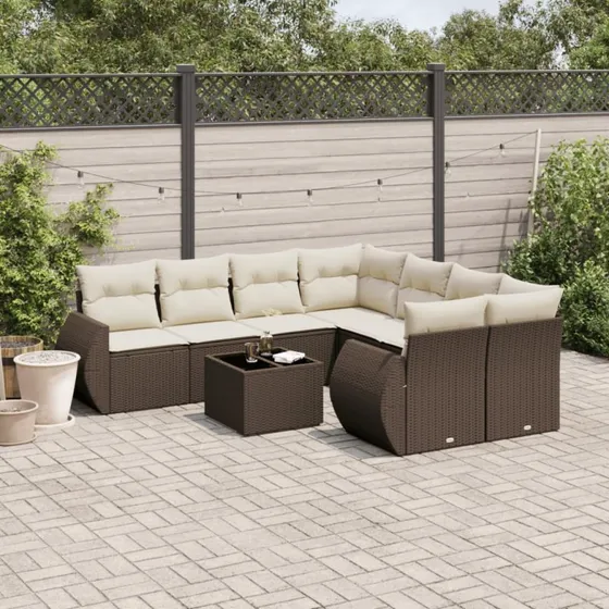 vidaXL 9-delssofasæt med hynder polyrattan brun