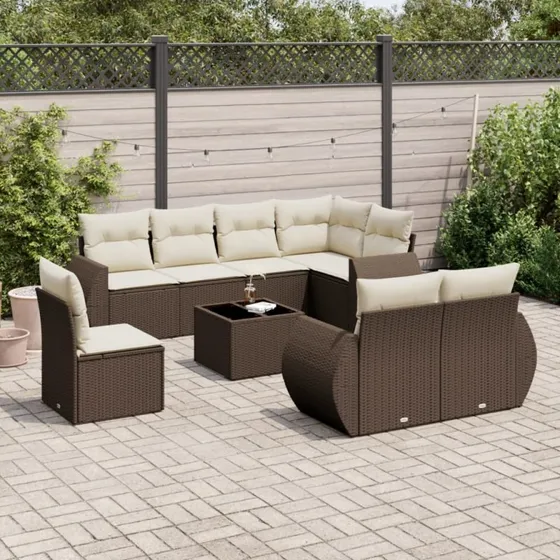 vidaXL 9-delssofasæt med hynder i polyrattan brun