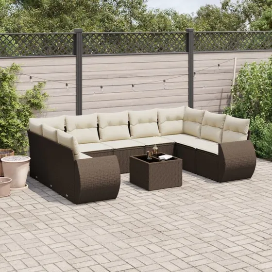 vidaXL 10-delssofasæt med hynder i polyrattan brun