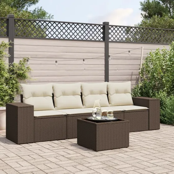 vidaXL 5-delssofasæt med hynder i polyrattan brun
