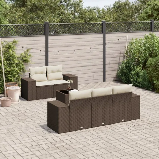 vidaXL 6-delssæt med hynder polyrattan brun