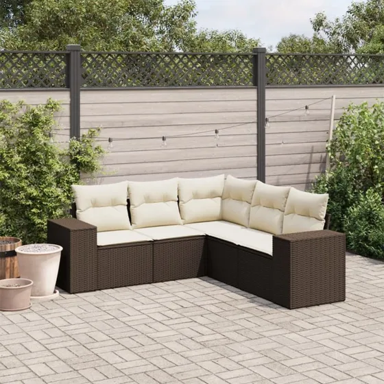 vidaXL 5-delsofasæt med hynder i polyrattan brun