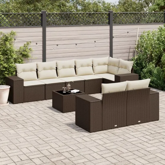 vidaXL 9-deligt havesofasæt med hynder i polyrattan brun