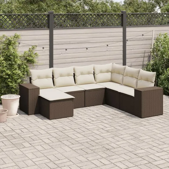 vidaXL 7-deles havesofasæt med hynder i polyrattan brun
