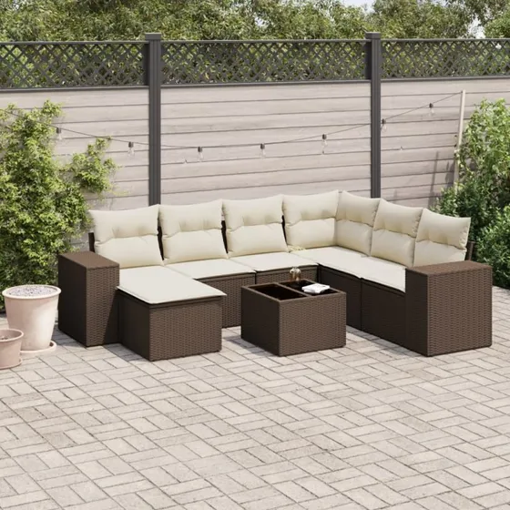 vidaXL 8-deles havesofasæt med hynder i polyrattan brun