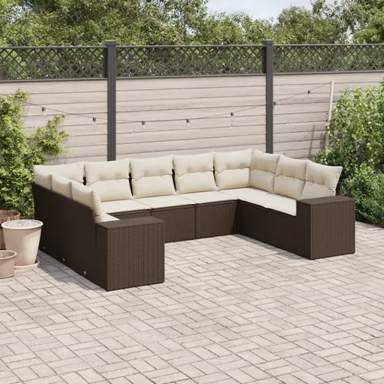 vidaXL 9-deles polyrattan havesofasæt brun med hynder og bord