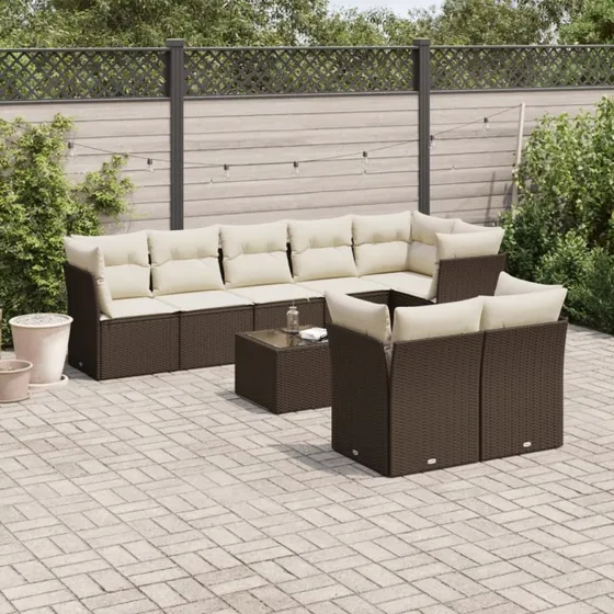 vidaXL 9-deligt polyrattan havesofasæt brun med hynder og bord