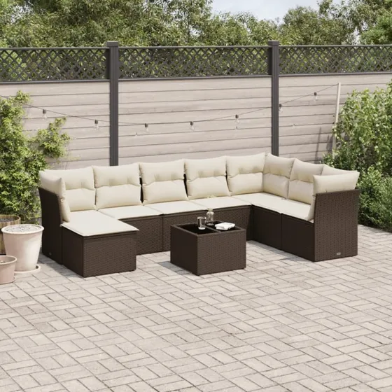 vidaXL 9-delssofasæt med hynder polyrattan brun