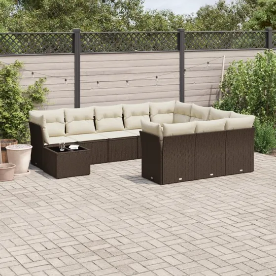 vidaXL 11-delssæt med hynder i polyrattan brun