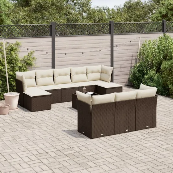 vidaXL 11-delssæt med hynder i polyrattan brun