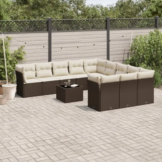vidaXL 12-delssofasæt med hynder i polyrattan brun