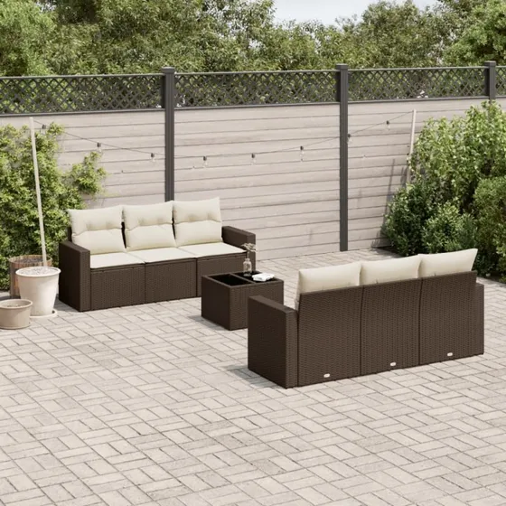 vidaXL 7-deles havesofasæt med hynder i polyrattan brun