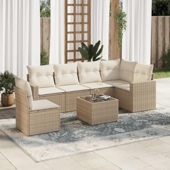 vidaXL 7-delers polyrattan havesofasæt beige med hynder og bord