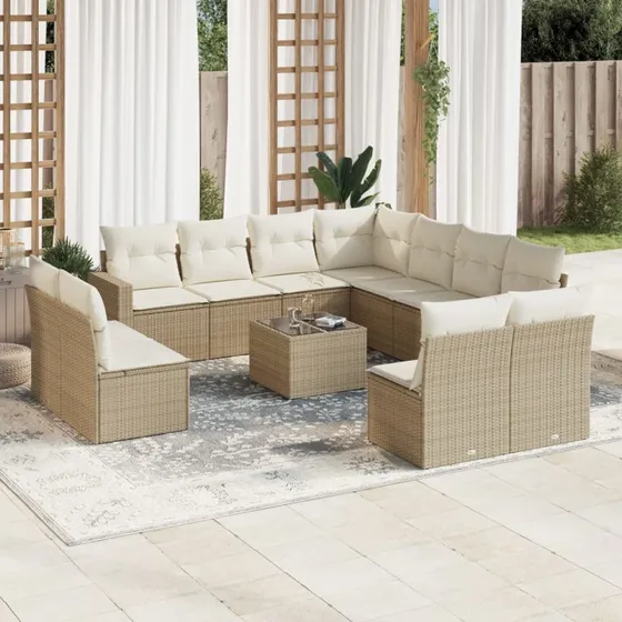 vidaXL 12-delssofasæt med hynder i polyrattan beige