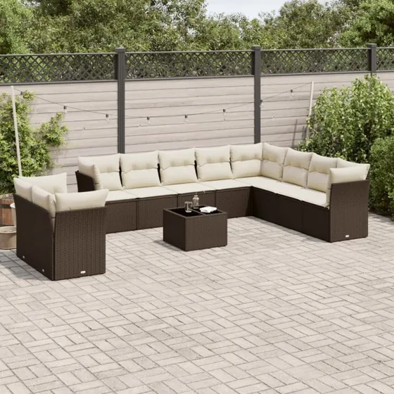 vidaXL 11-delssæt med hynder, polyrattan brun