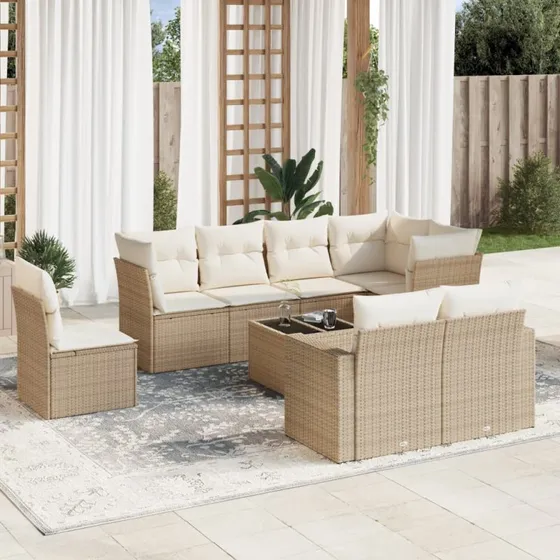 vidaXL 9-deles havemøbelsæt med hynder i polyrattan beige