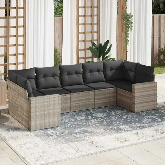 vidaXL 7-delssofasæt med hynder, polyrattan lysegrå