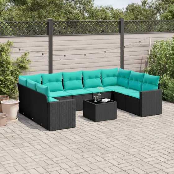 vidaXL 10-delssofasæt med hynder i polyrattan sort