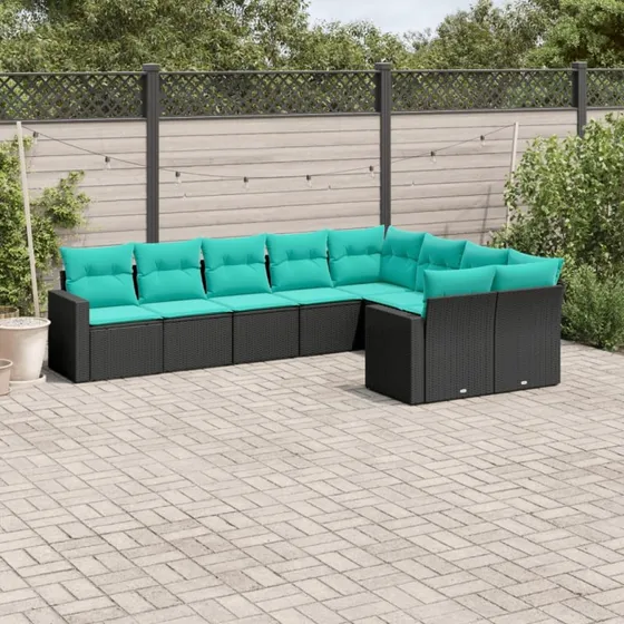 vidaXL 9-delssofasæt med hynder i polyrattan, sort