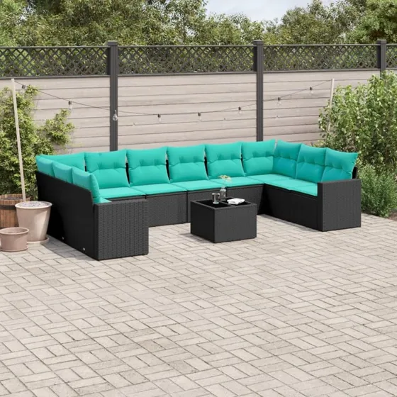 vidaXL 11-delssofasæt med hynder, polyrattan, sort