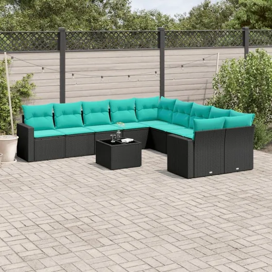 vidaXL 11-delssofasæt med hynder, polyrattan, sort