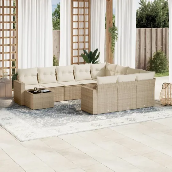 vidaXL 11-deles sofasæt med hynder i polyrattan, beige