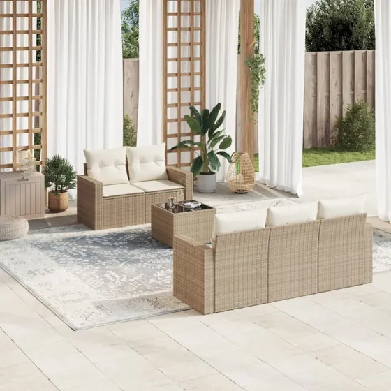 vidaXL 6-delssofasæt med hynder, polyrattan, beige