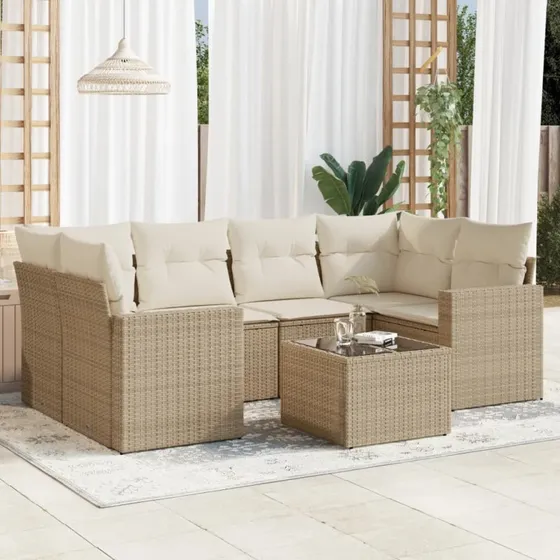 vidaXL 7-delssæt med hynder, polyrattan beige