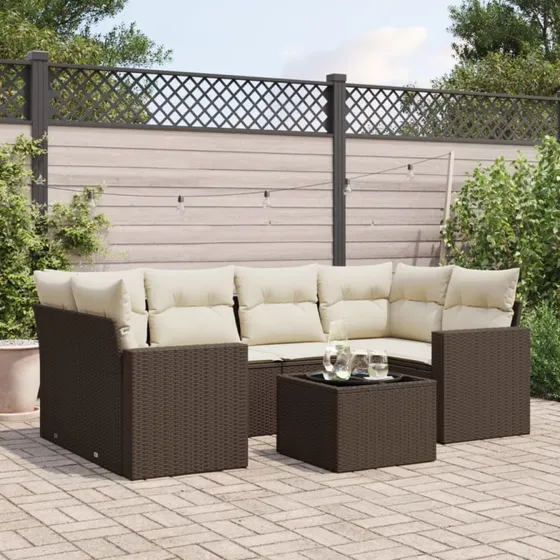 vidaXL 7-delssofasæt med hynder polyrattan brun