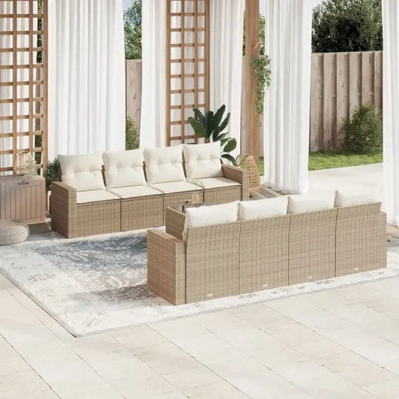 vidaXL 9-delssofasæt med hynder i polyrattan, beige