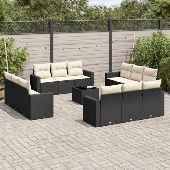 vidaXL 13-delssofasæt med hynder i polyrattan, sort