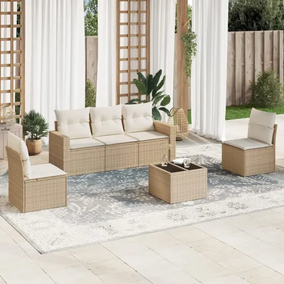 vidaXL 6-delssofasæt med hynder i polyrattan, beige