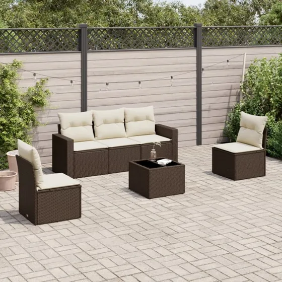 vidaXL 6-delssofasæt med hynder i polyrattan brun