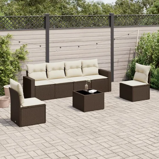 vidaXL 7-delssofasæt med hynder i polyrattan brun