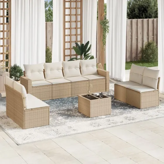 vidaXL 9-delssofasæt med hynder i polyrattan, beige