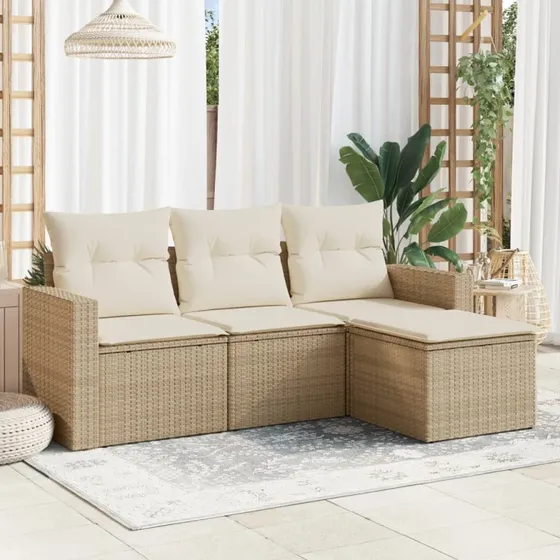 vidaXL 4-delssofasæt med hynder, polyrattan, beige