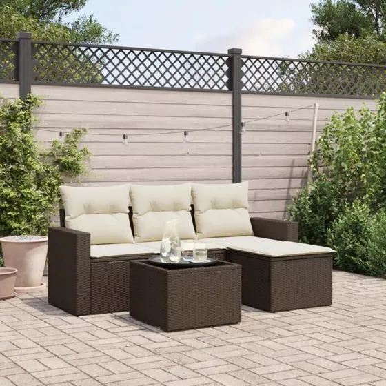 vidaXL 5-delssofasæt med hynder i polyrattan brun