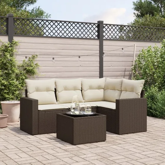 vidaXL 5-delssofasæt med hynder i polyrattan brun