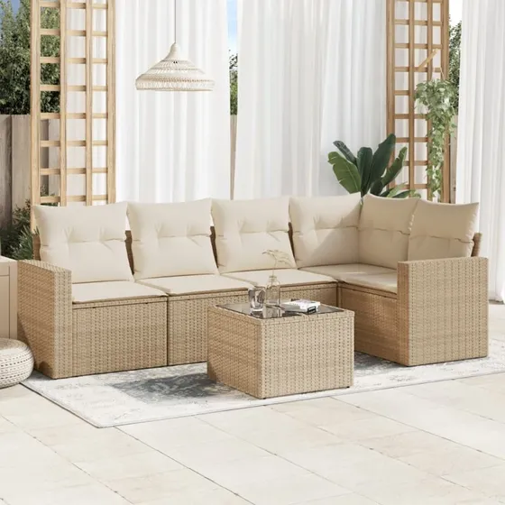 vidaXL 6-delssofasæt med hynder i polyrattan, beige