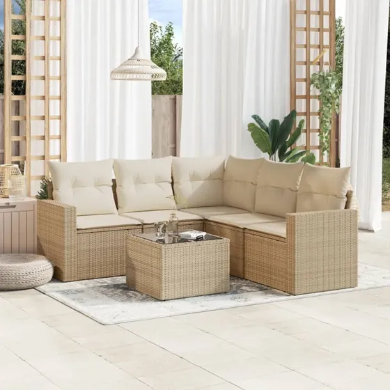 vidaXL 6-deligt polyrattan sofasæt med hynder, beige