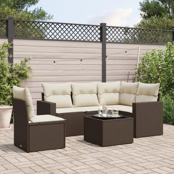 vidaXL 6-delssofasæt med hynder i polyrattan brun