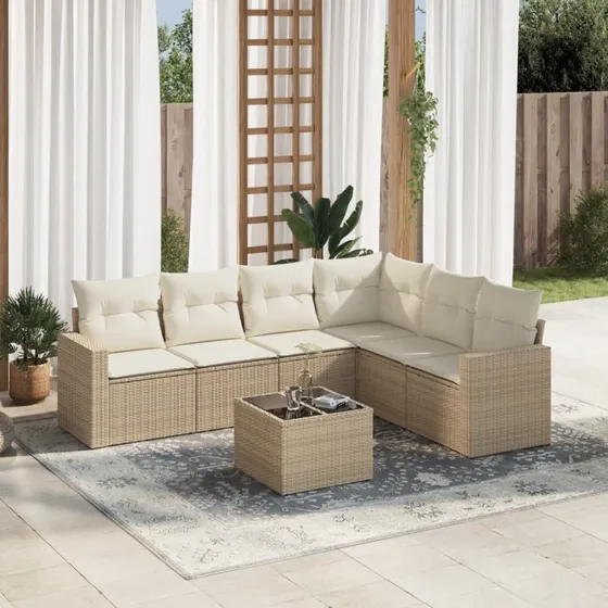 vidaXL 7-delssofasæt med hynder i polyrattan beige
