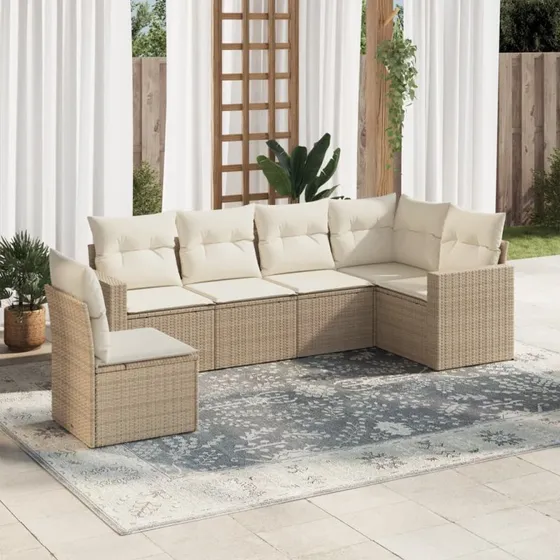 vidaXL 6-delssofasæt med hynder i polyrattan, beige